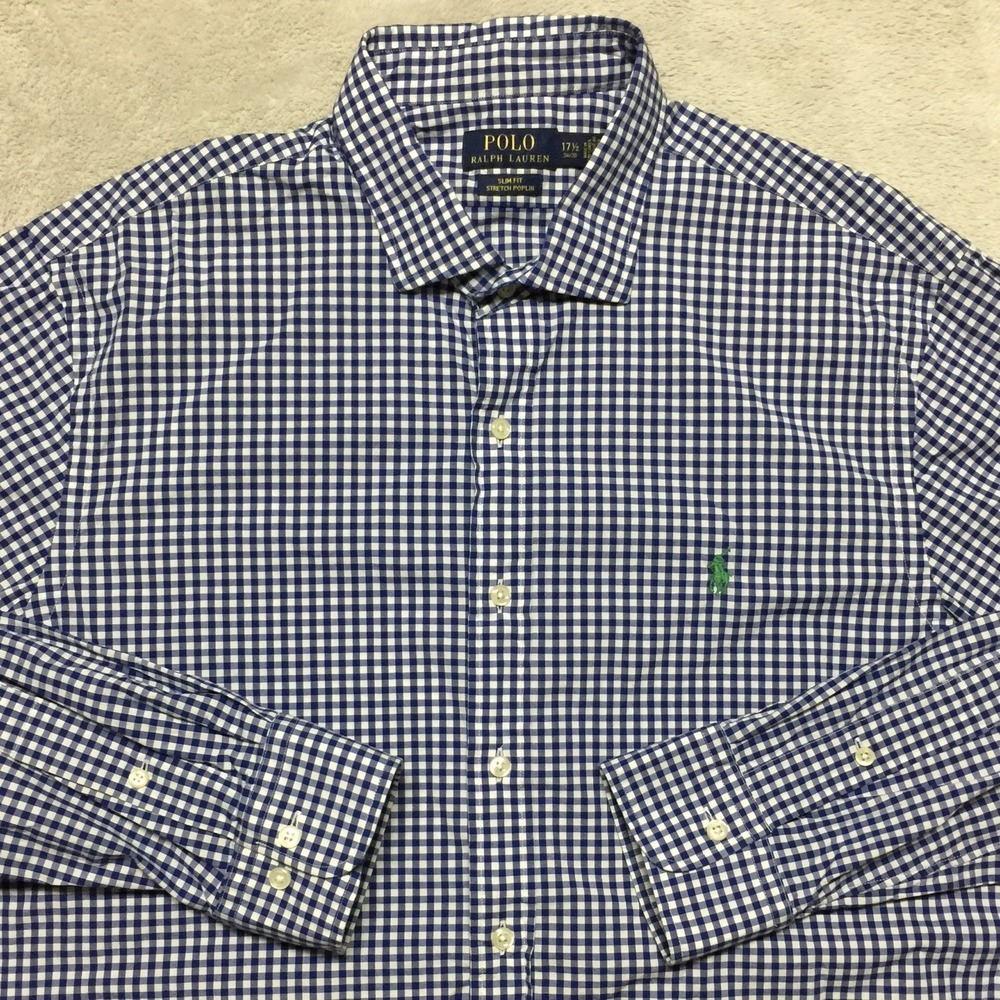 Ralph Lauren Shirt Mens 17.5 34/35 Blue Gingham Check Slim Fit Stretch Poplin